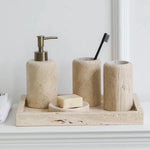 ensemble salle bain moderne pierre marbrée distribiteur savon porte brosse dents plateau carré beige