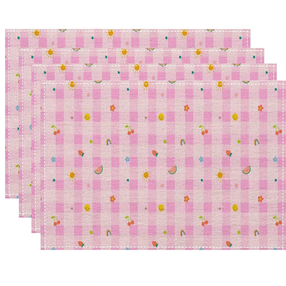 serviettes table carreaux fruits fleurs moderne rose clair gris clair bleu clair jaune clair