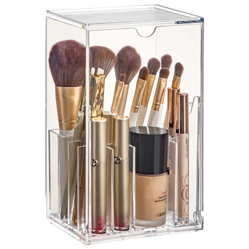 boîte rangement cosmétiques moderne minimaliste transparente pinceaux rouges lèvres fond teint crayons brosse maquillage