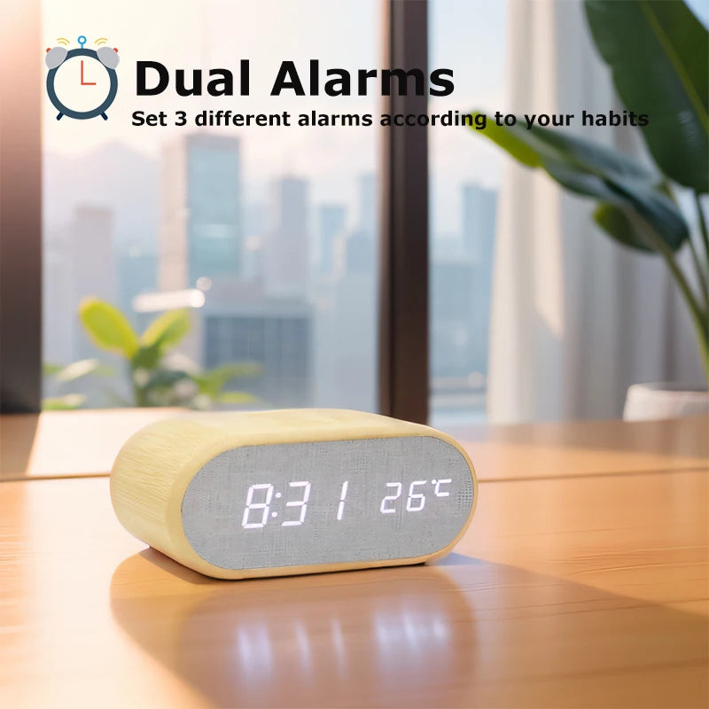 réveil numérique moderne affichage heure température bois bambou minimaliste écran led thermomètre alarme chambre