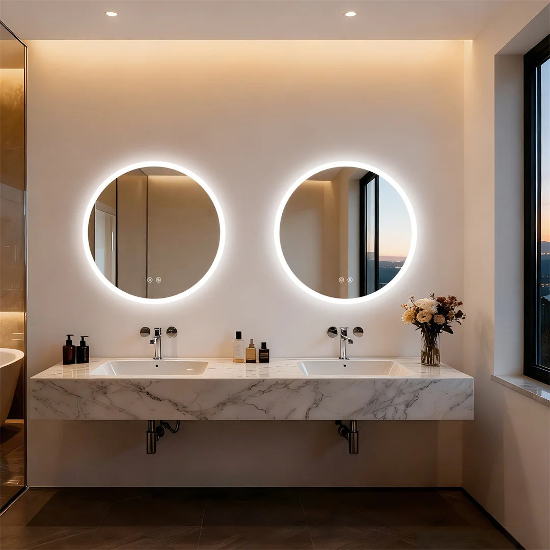 miroir rond lumineux moderne blanc fixation murale sans cadre éclairé antibuée