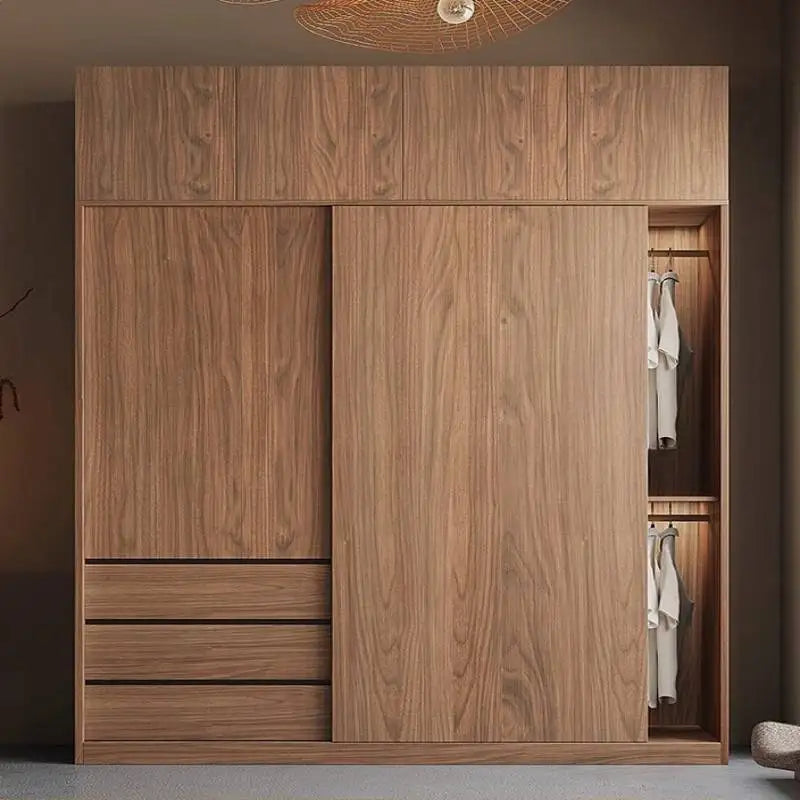 armoire portes coulissantes moderne bois naturel noir étagères tiroirs minimaliste chambre coucher