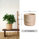Pot plante tissé marron clair moderne rustique plante verte graines noires serviette blanche