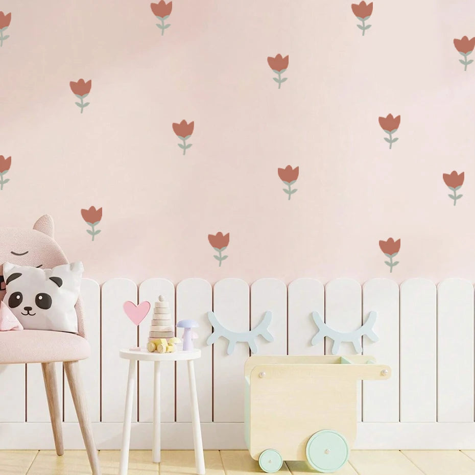 sticker mural minimaliste enfantin fleur simple rose clair rouge vert pastel décoration chambre fille
