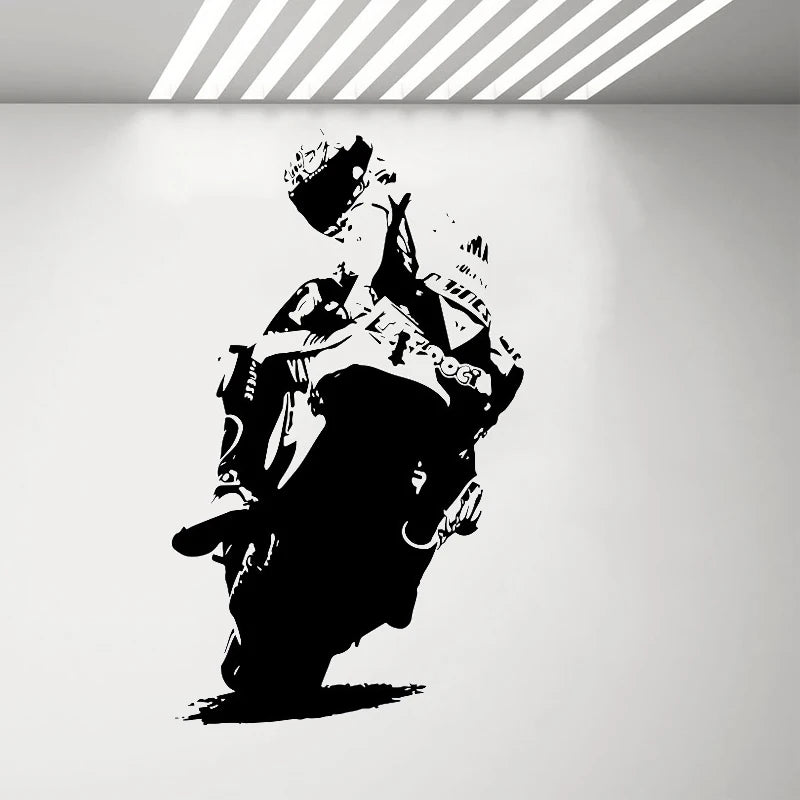 sticker mural silhouetté motard mouvement noir graphique chambre enfants moderne