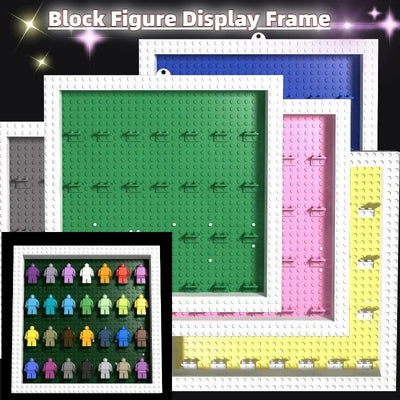 Cadre photo Lego mural blanc avec figurines exposées