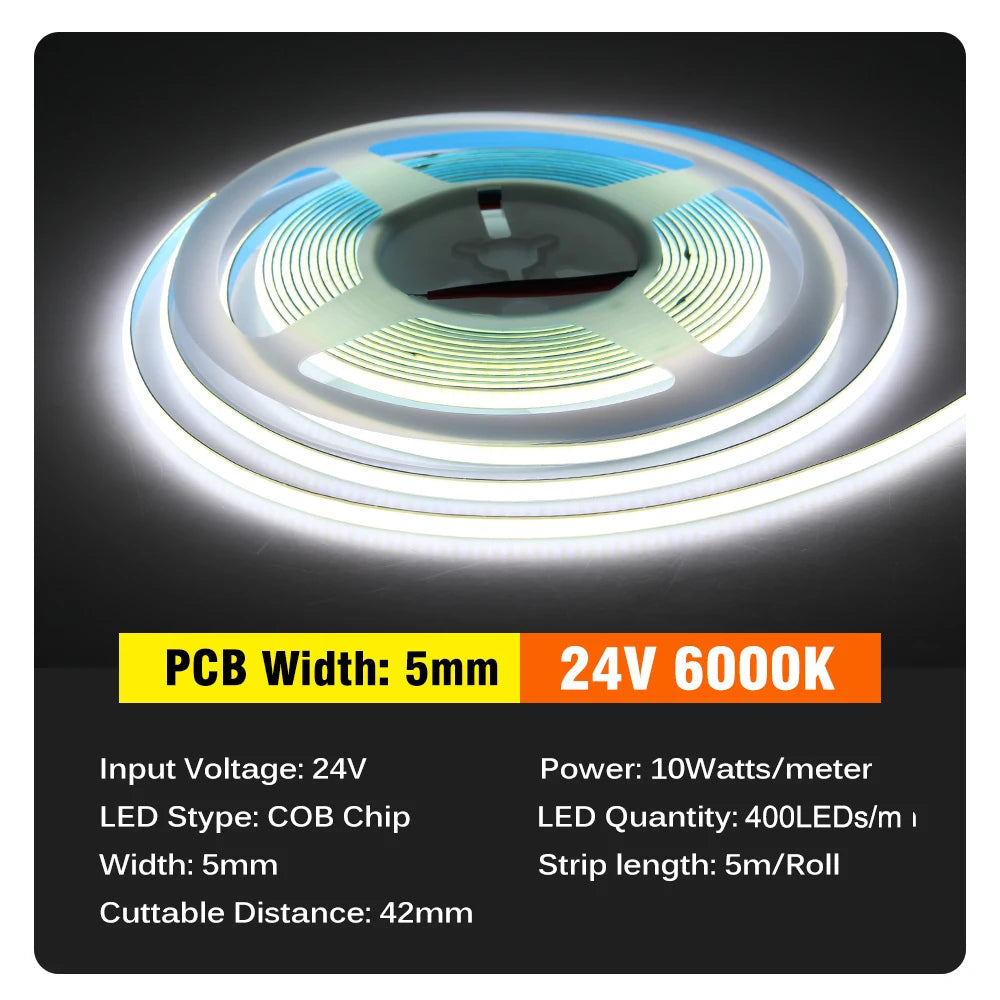 ruban led cob blanc 3mm 5mm 12v 24v lisse moderne connecteurs 5mètres rouleau
