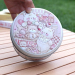 boîte ronde métal blanc rose vert bleu dessin animé wishes fruits gâteaux animaux festive