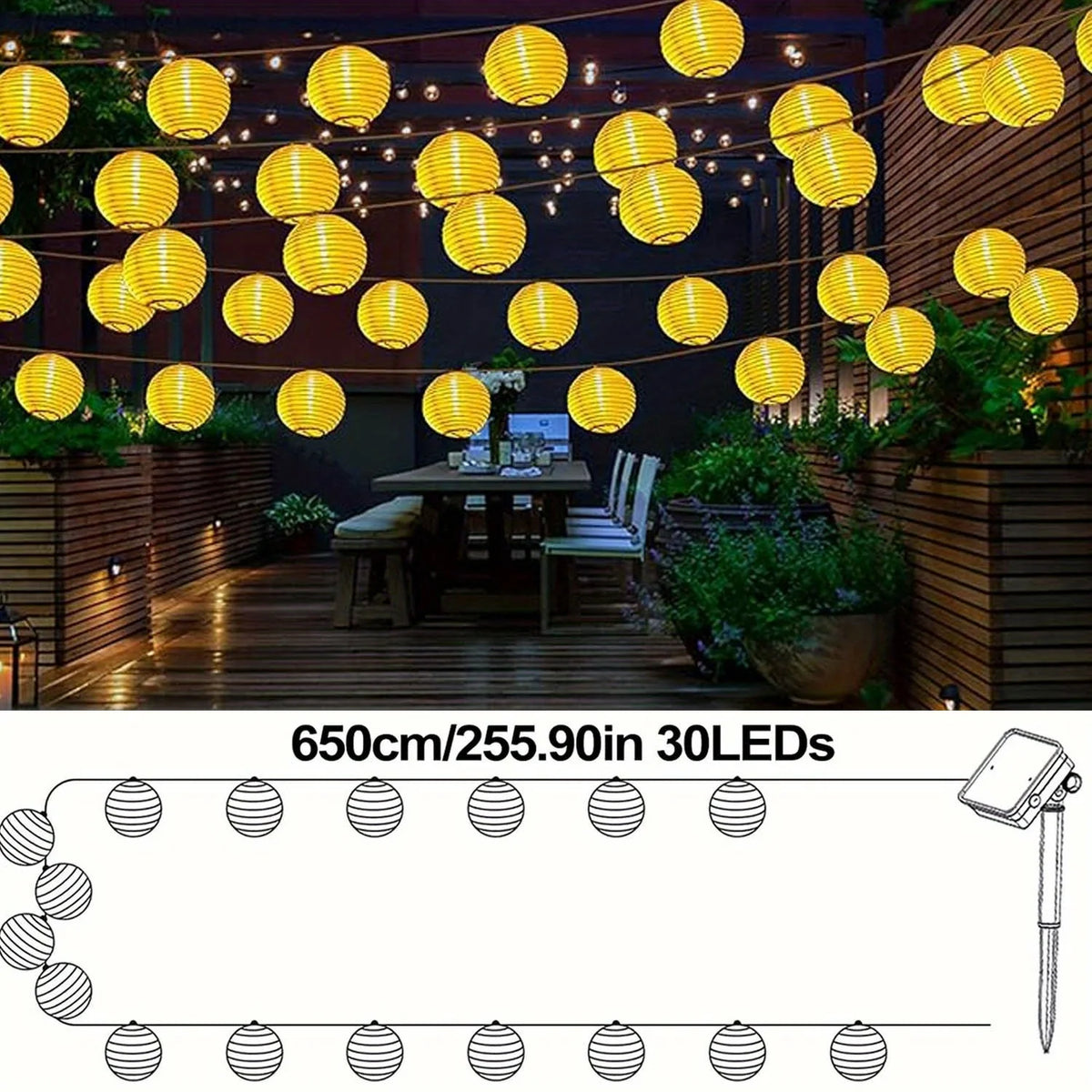 guirlande lumineuse solaire jaune ronds striés moderne extérieur piquet panneau solaire led 30 leds