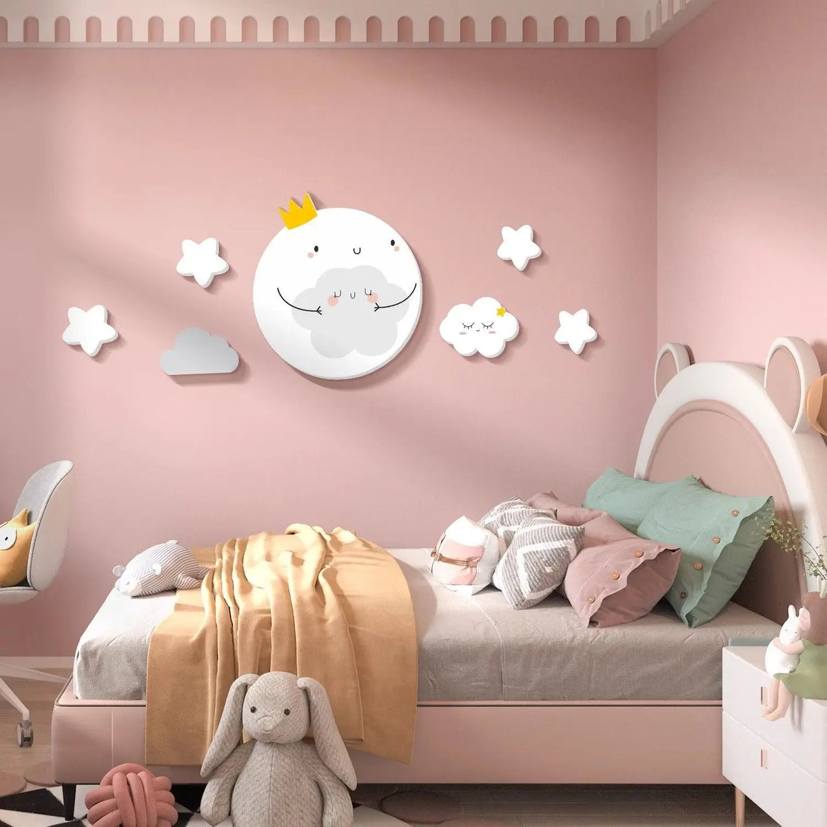 décoration murale enfant lune nuages étoiles adhésif pvc blanc rose verte