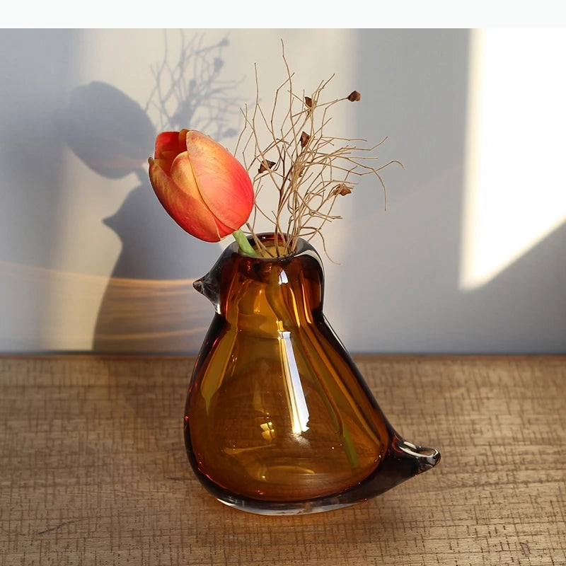 vase oiseau moderne couleur ambre tulipe rouge décoration table translucide contemporain