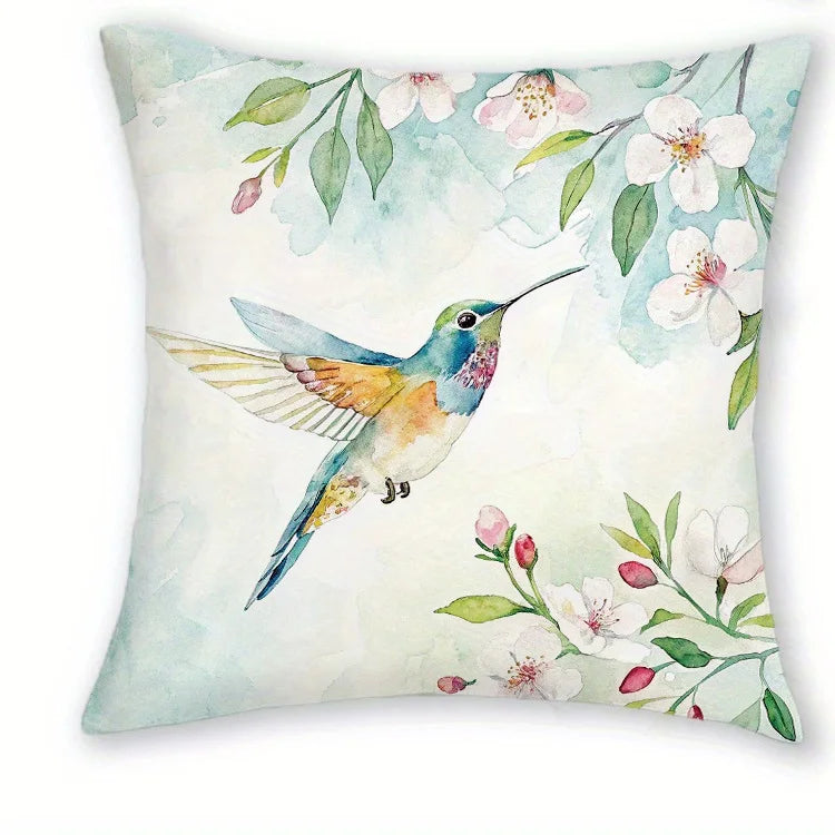 housses coussins carrés fleurs oiseaux printemps polyester blanc opacité zipper lit canapé décoration
