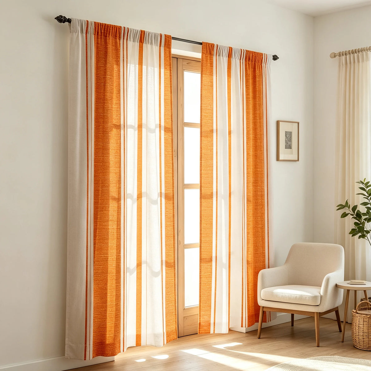 rideau vertical rayures orange blanc moderne minimaliste deux pièces salon translucent polyester