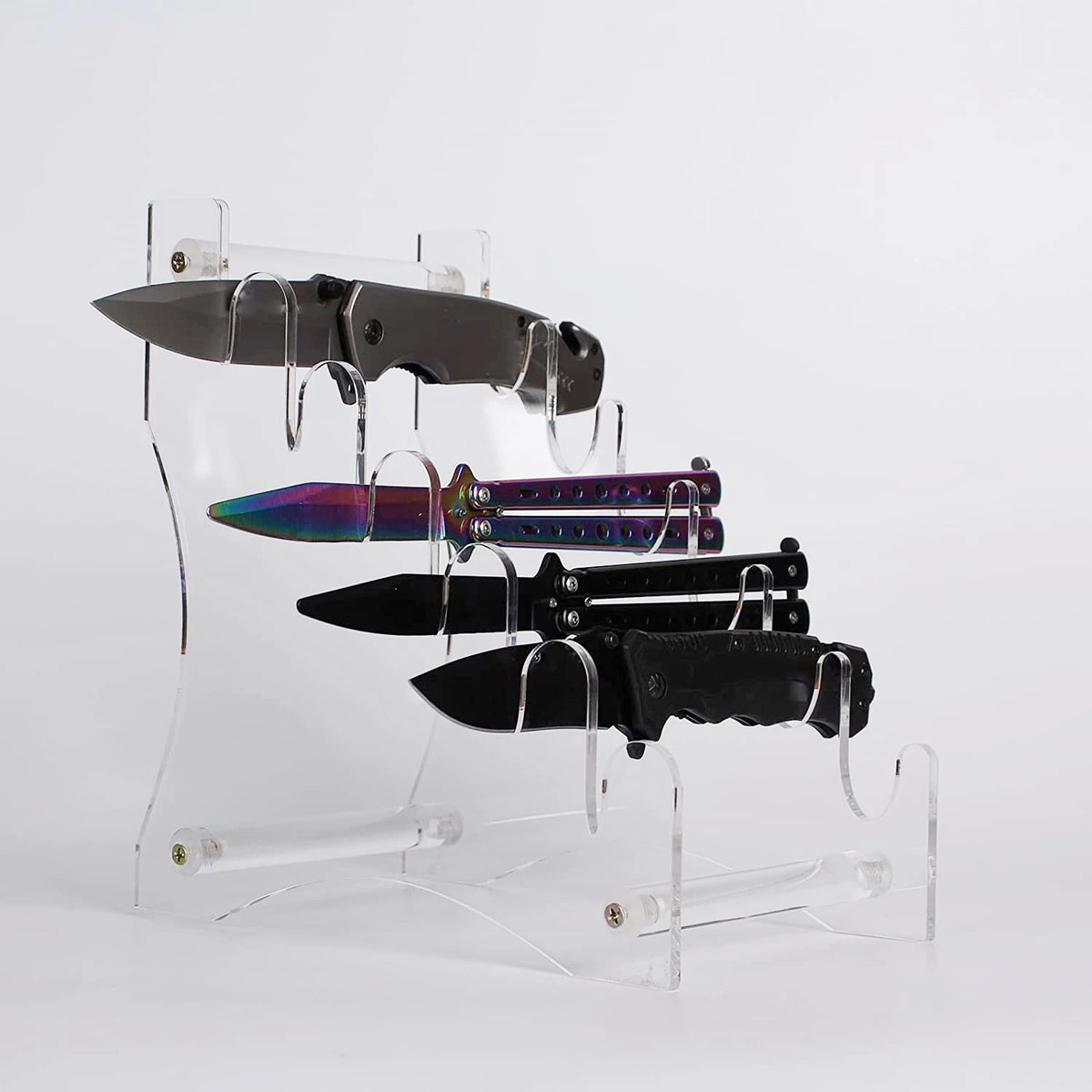 présentoir couteaux pliants transparent clips poignées noires lames arc ciel moderne utilitaire