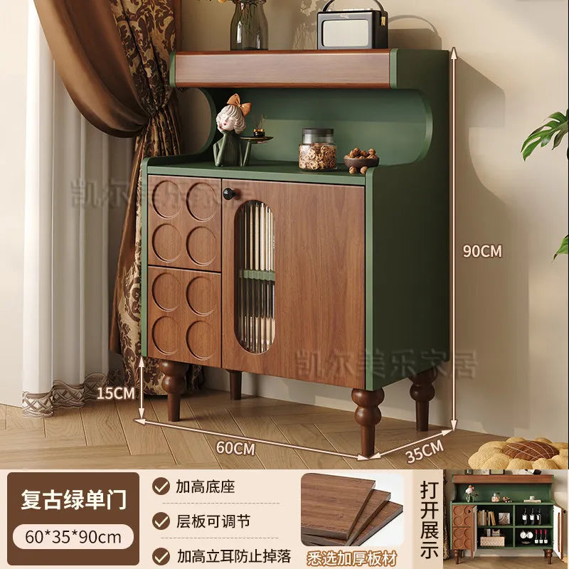 meuble rangement moderne vert brun clair texture bois motifs géométriques vintage