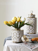 vases décoratifs modernes motifs géométriques or blanc couvercle transparent élégants intérieurDecoration