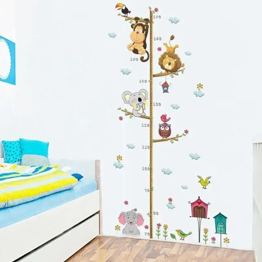 stickers muraux animaux enfants jaunes bleus verts mesure décoration chambre singes éléphant hiboux fleurs