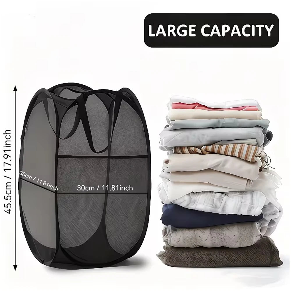 panier linge pliable polyester noir maille moderne poignées poches minimaliste rangement vêtements accessoires maison