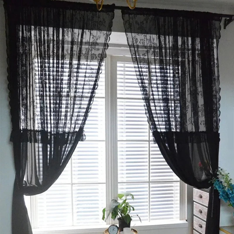 rideau noir dentelle transparent classique polyester fleuri fenêtre française decoration