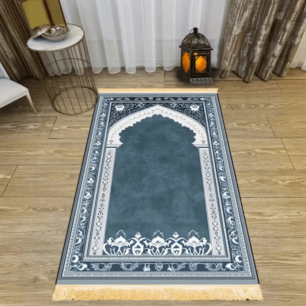 tapis doux bleu foncé motif floral géométrique polyester antidérapant voyage intérieur İslam prière