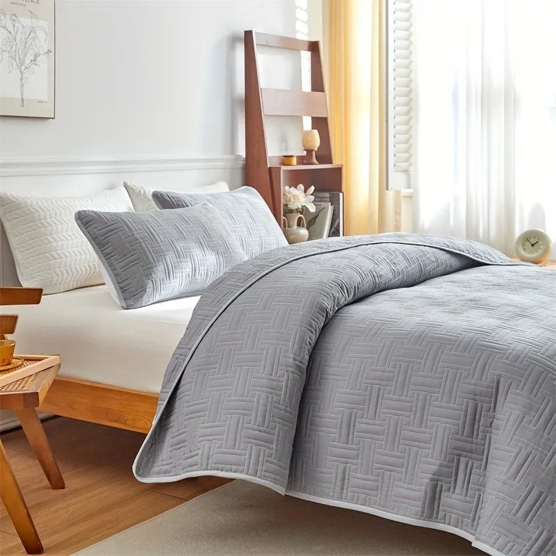 ensemble literie moderne housses couette taies oreiller matelassees geometriques gris blanc beige bleu rose