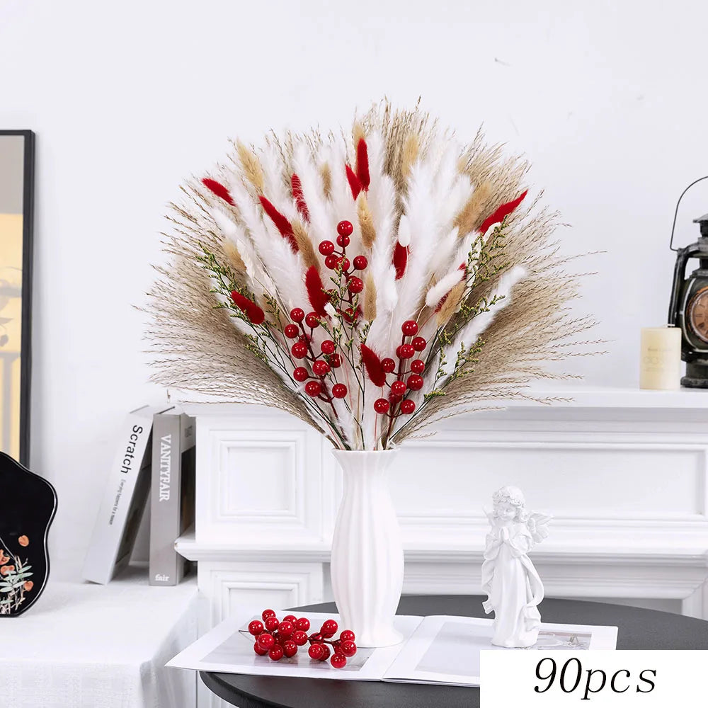 Bouquet fleurs séchées pampas blanche rouge décoration maison anniversaire boho festive
