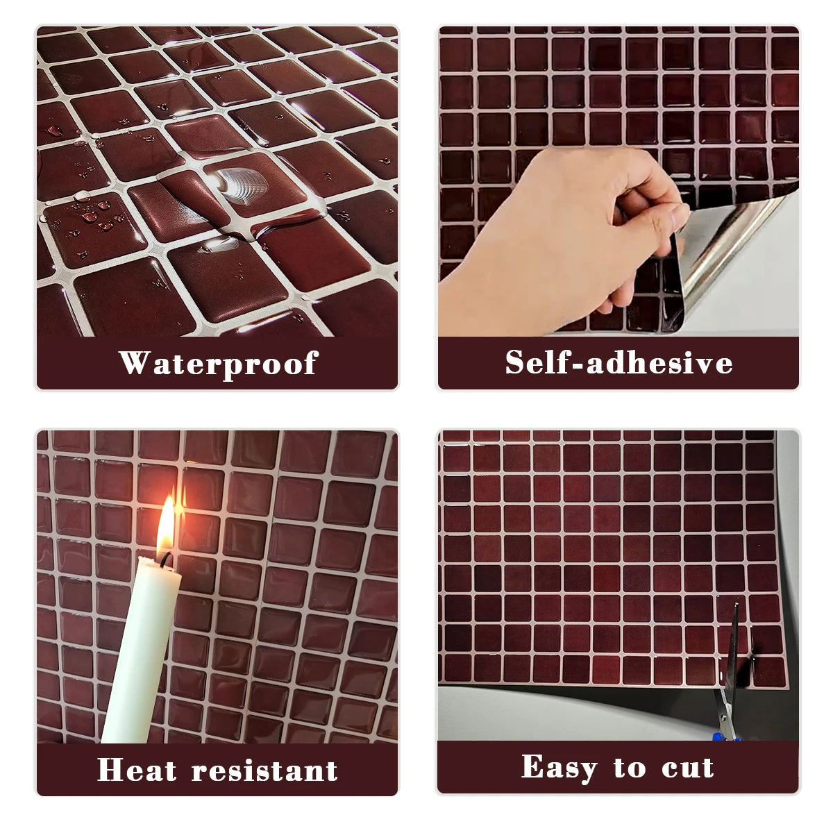 carreaux muraux auto adhésifs mosaïque carrée moderne marron foncé vert résistants eau pack 10