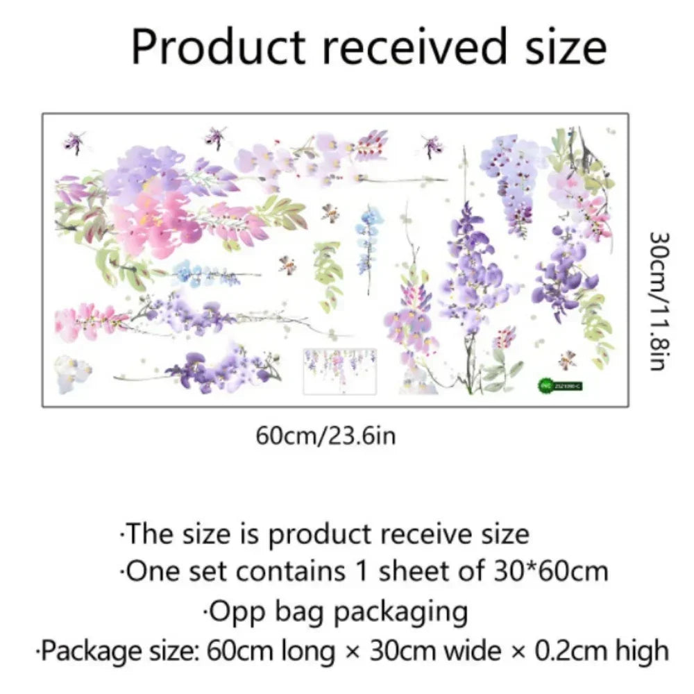 stickers muraux art floral fleurs suspendues feuilles violettes roses vertes blancs adhésifs chambre décoration