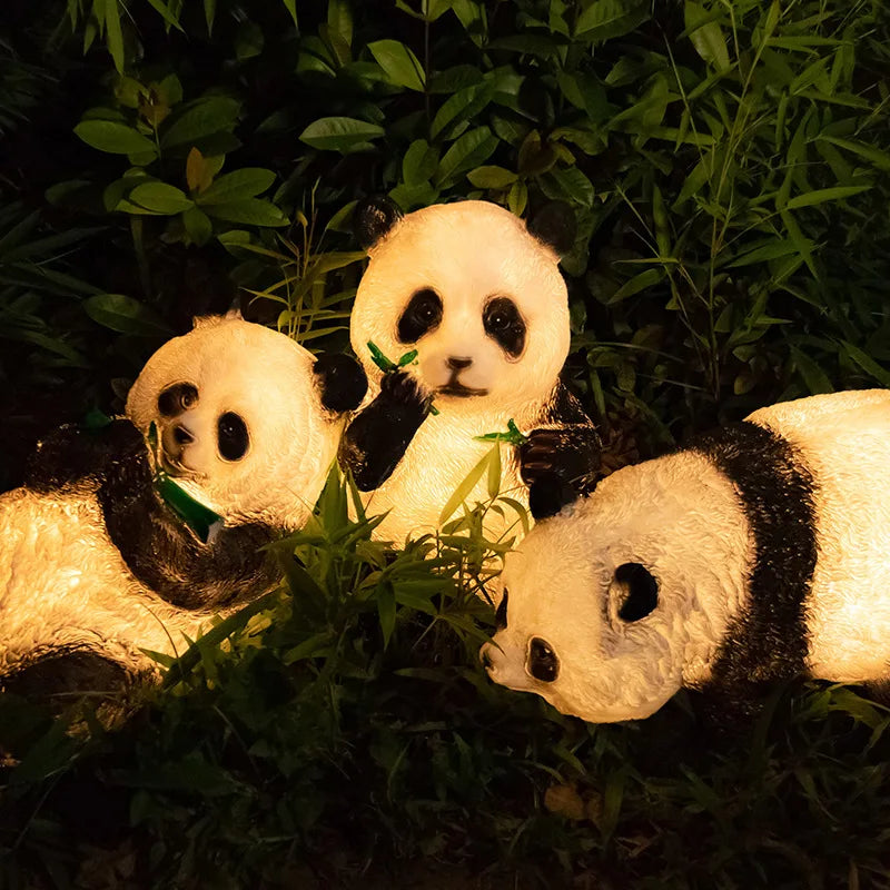 statues panda peluche lumineuses extérieures étanches noir blanc feuilles bambou moderne