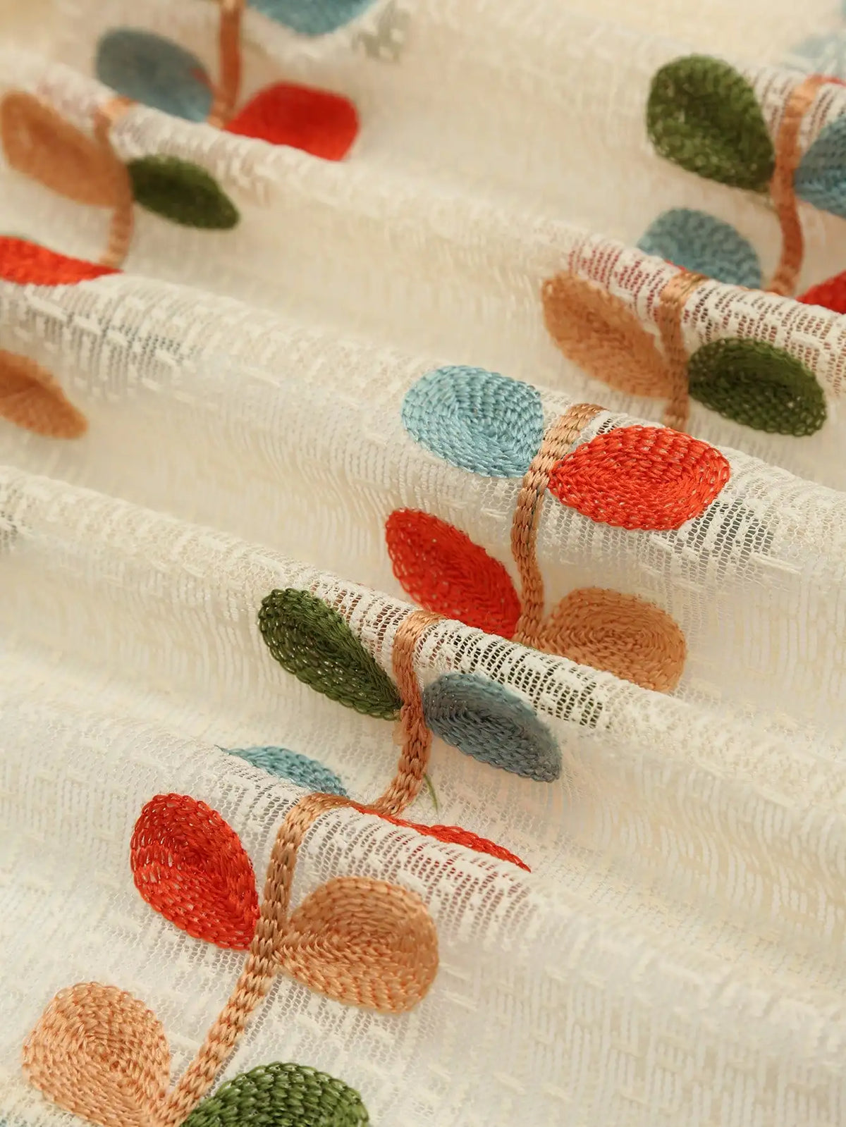 rideau moderne rustique feuilles brodées couleur beige vert orange bleu semi transparent salon maison