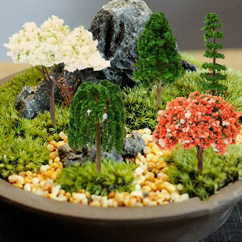 décorations micropaysage miniatures arbres texturés feuilles détaillées rochers mousse gravier