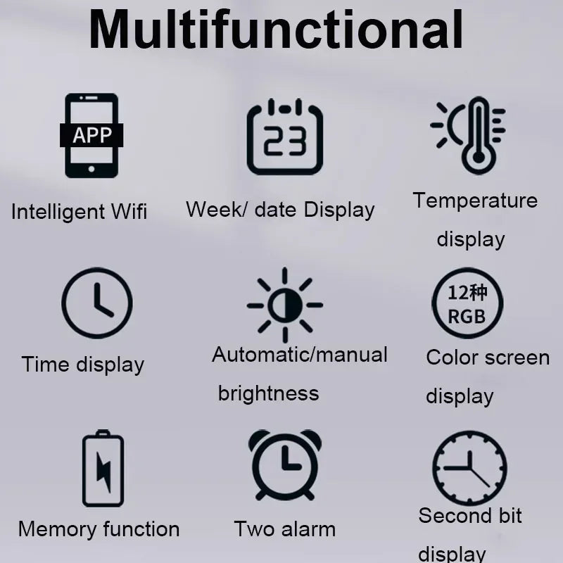 Horloge numérique WiFi en argent montrant la semaine et l'heure