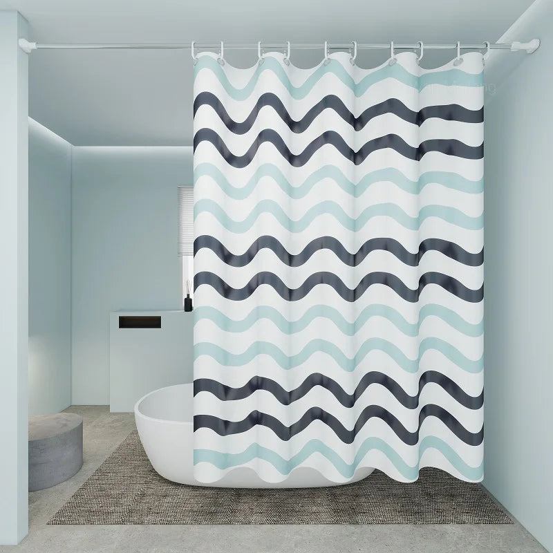 rideau douche moderne éva blanc bleu gris motif rayures ondulées opacité ourlet standard respectueux