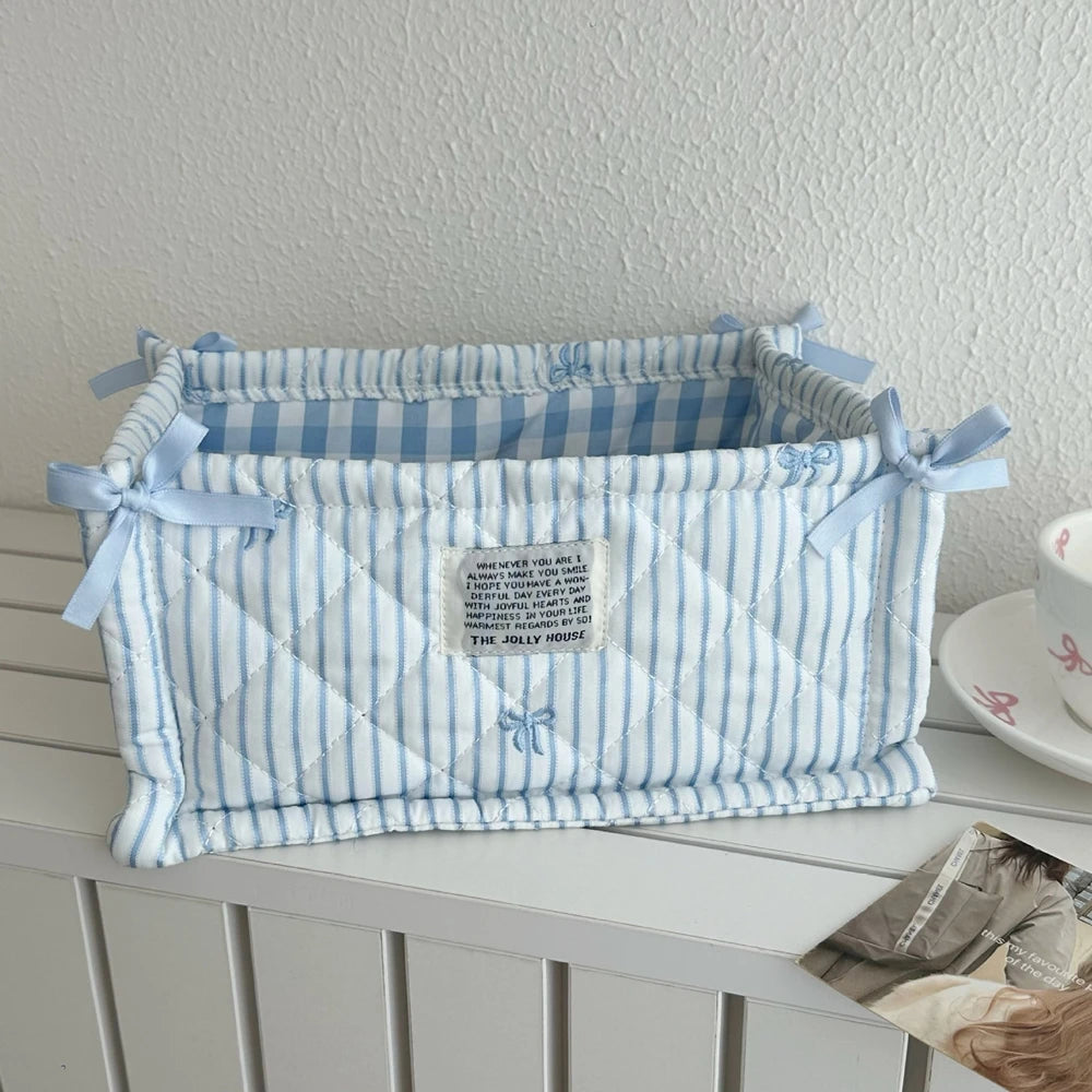 panier rangement tissu polyestère bleu clair rayures horizontales pliable utilisation multiple moderne décoratif rubans