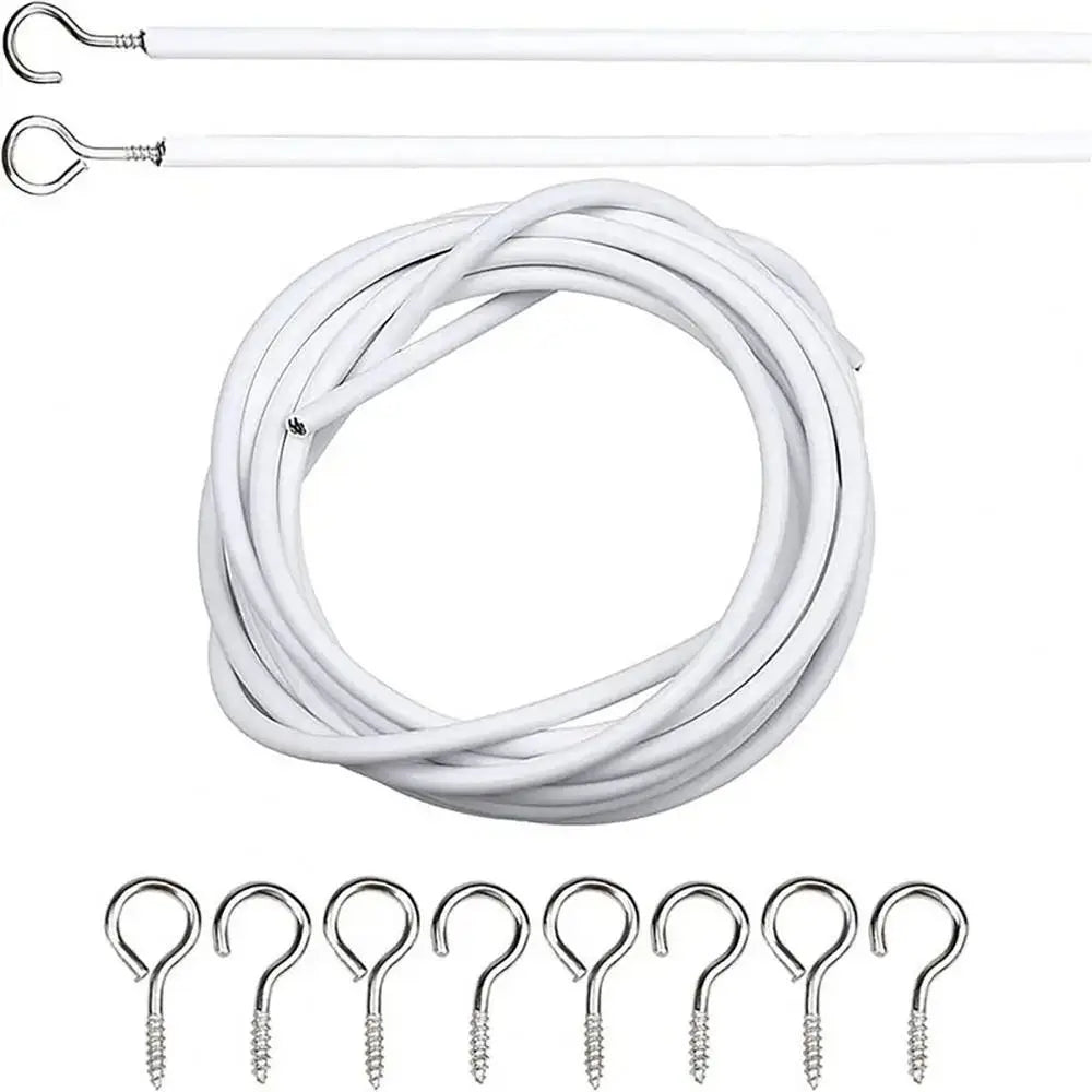 câble blanc crochets argentés kit suspension tiges blanches minimaliste fixations murales accessoires rideau anneaux