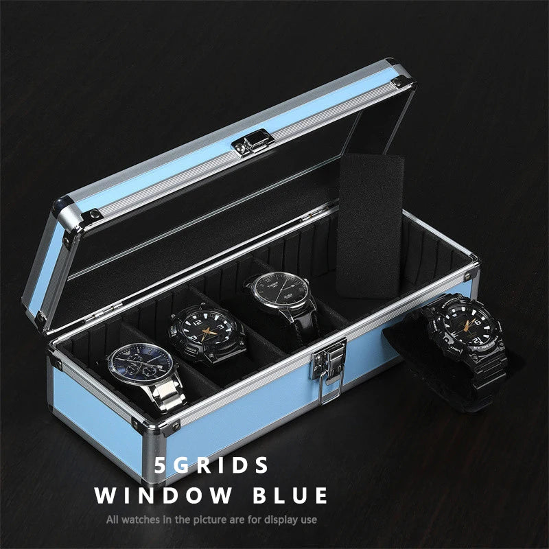 boîte montres moderne noire alliage métal rayures droites coussins cadenas fentes rangement affichage