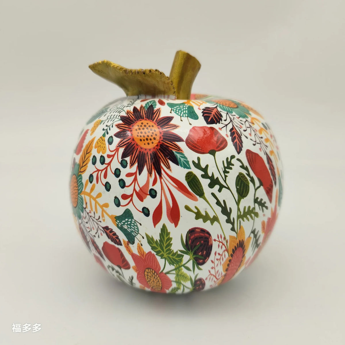 statue pomme multicolore motifs floraux abstraits résine décoration moderne contemporaine artisanale feuillette dorée