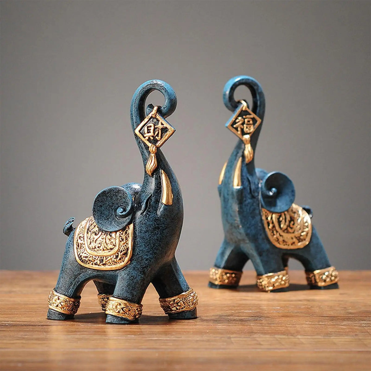 statues éléphants bleu doré motif sculpté détails asiatiques décor maison présentoirs résine moderne