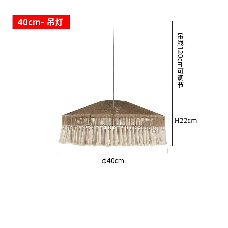 suspension lumineuse boho tissu tressé franges beige blanc rustique