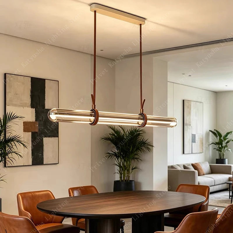 lampe suspendue moderne suspension tube verre transparent cuir marron lustre salon minimaliste