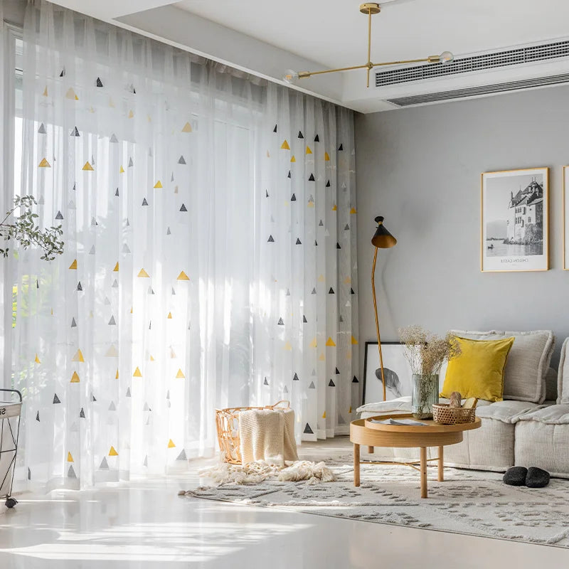 rideau moderne polyester transparent triangles brodés blanc jaune gris noir fenêtre chambre salonhôtel