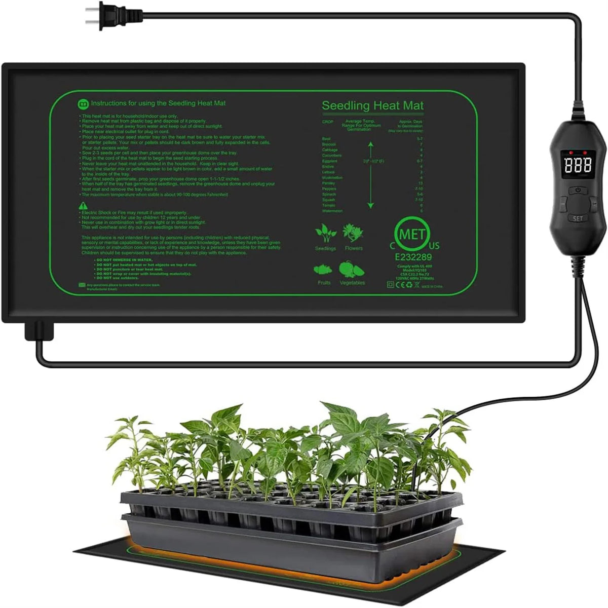 tapis chauffant semis contrôleur digital plateau plants sonde température noir vert utilitaire
