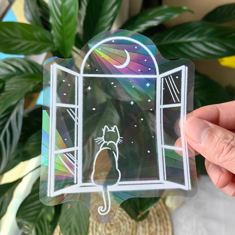 autocollant fenetre holographique motif chat champignon protection oiseaux vitre decoratif adhésif pvc multicolore