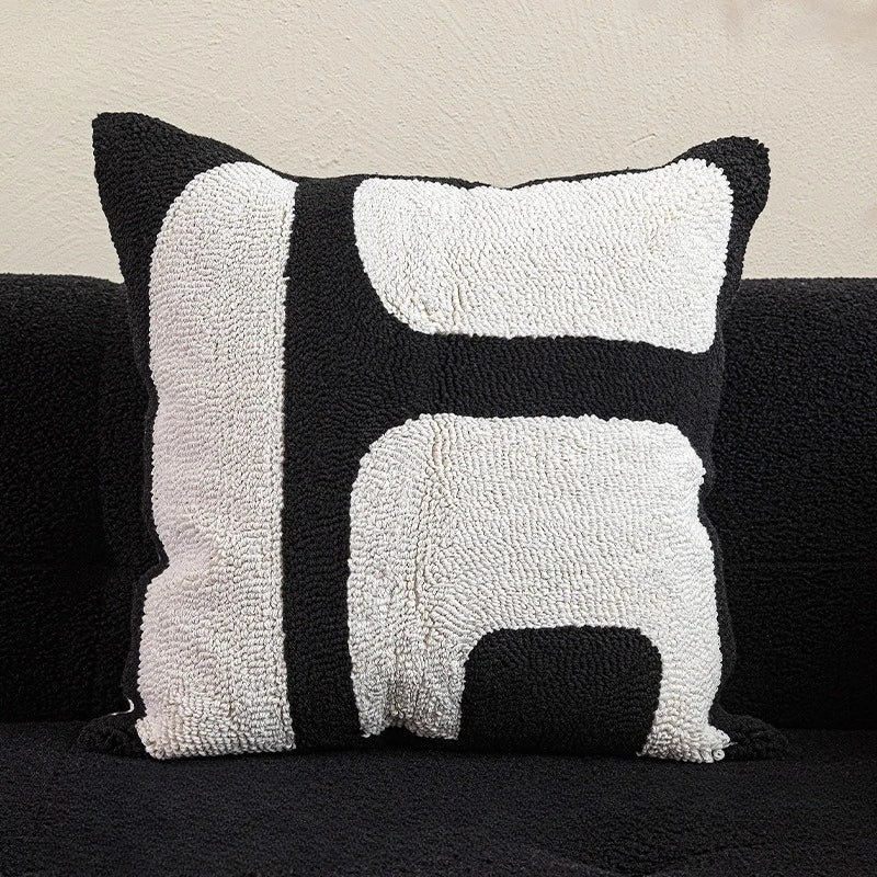 coussin brodé géométrique moderne beige noir amovible lavable