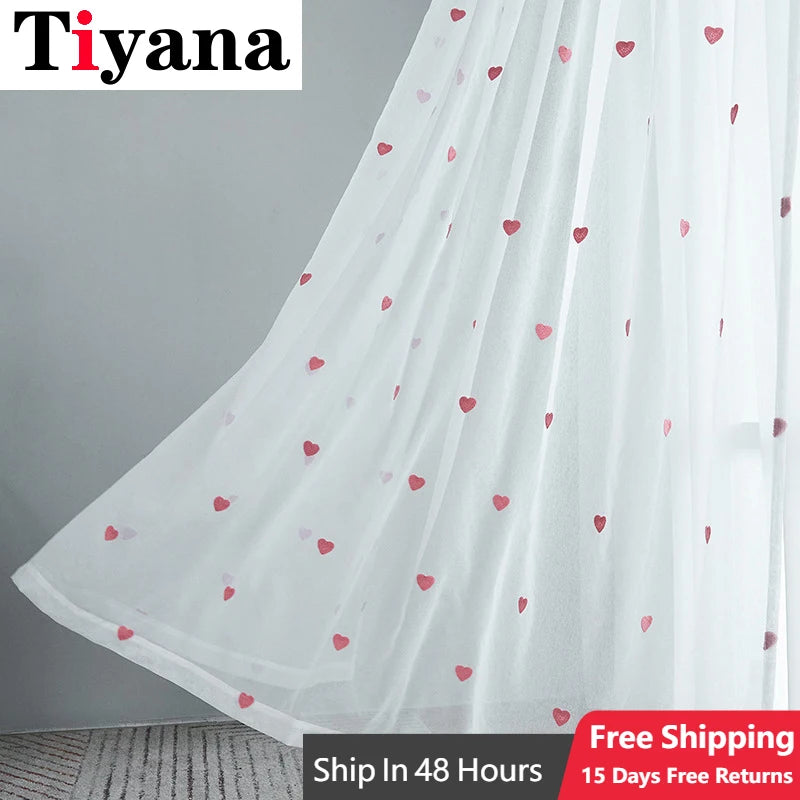 rideau moderne cœur imprimé tulle transparent chambre salon polyester coton