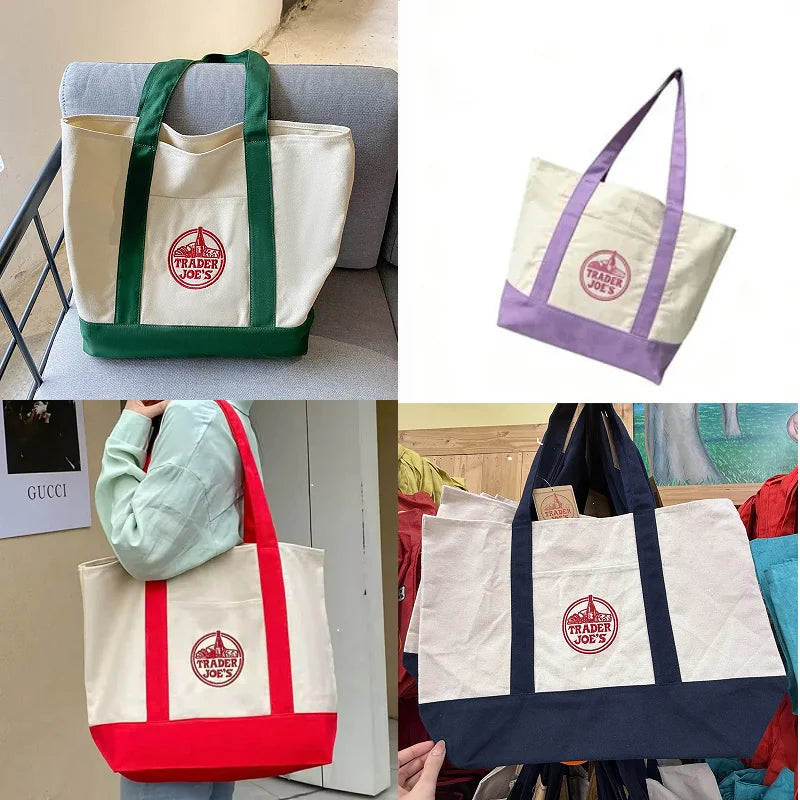 sacs toile colorés blanc vert violet rouge jaune logo trader joes poignées tissu casual