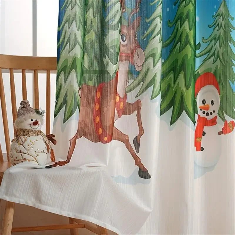 rideau noël polyester bleu blanc motif santas rennes festif translucide ventana pastorale