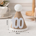 chapeau anniversaire enfant rayures pompon chiffres decoratif festif adhésif blanc marron bleu orange