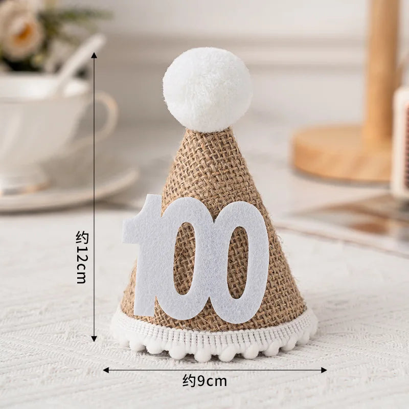 chapeau anniversaire enfant rayures pompon chiffres decoratif festif adhésif blanc marron bleu orange