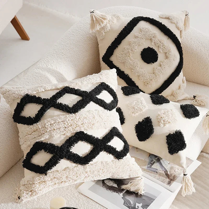 coussins géométriques blanc noir franges moderne décoration intérieure canapé salon amovible lavable polyester coton